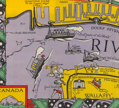 Viejo mapa de Liverpool, 1934 de GH Parry - Gráfico de la ciudad pictórica - Mersey, muelles, parques, edificios antiguos