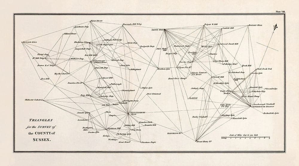 Mapa antiguo de Sussex, 1811 - Primera Tabla de encuestas de artillería de triangulación - Colinas, Castillos, Steegles