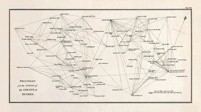 Mapa antiguo de Sussex, 1811 - Primera Tabla de encuestas de artillería de triangulación - Colinas, Castillos, Steegles