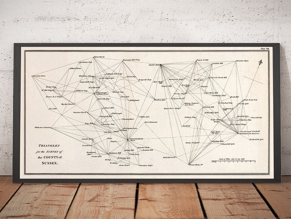 Mapa antiguo de Sussex, 1811 - Primera Tabla de encuestas de artillería de triangulación - Colinas, Castillos, Steegles