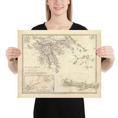 Old Map of Ancient Greece, 1829, by SDUK - Crete, Aegean, Athens, Arcadia, Attica, Cyclades, Zakynthos
