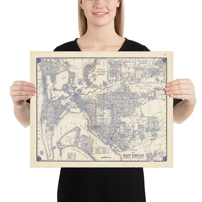 Viejo mapa de San Diego, 1938 por Thomas Bros - Ciudad Nacional, La Jolla, La Mesa, Downtown, Balboa Park & ​​Zoo, Isla Norte