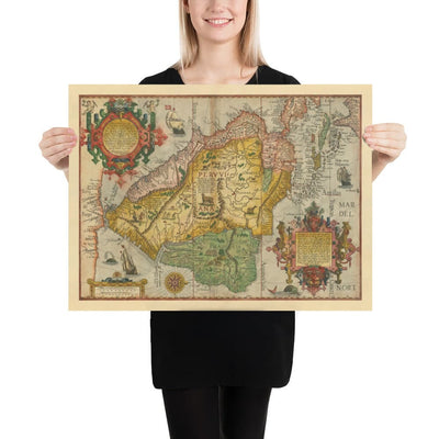 Mapa antiguo de Sudamérica por Linschoten, 1596 - Brasil, Perú, Chile, Caribe, Florida, español y colonias portuguesas
