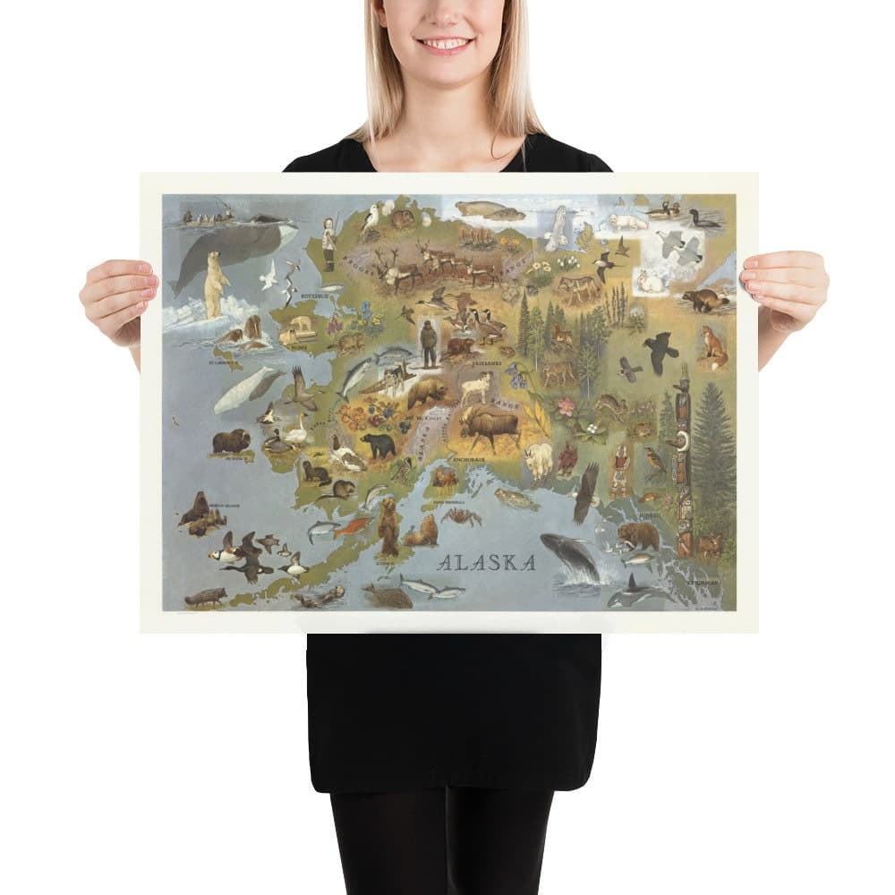 Mapa antiguo de Alaska por WD Berry, 1967 - Eskimos, Inuits & Animals - Anchorage, Yukon, Denali / McKinley