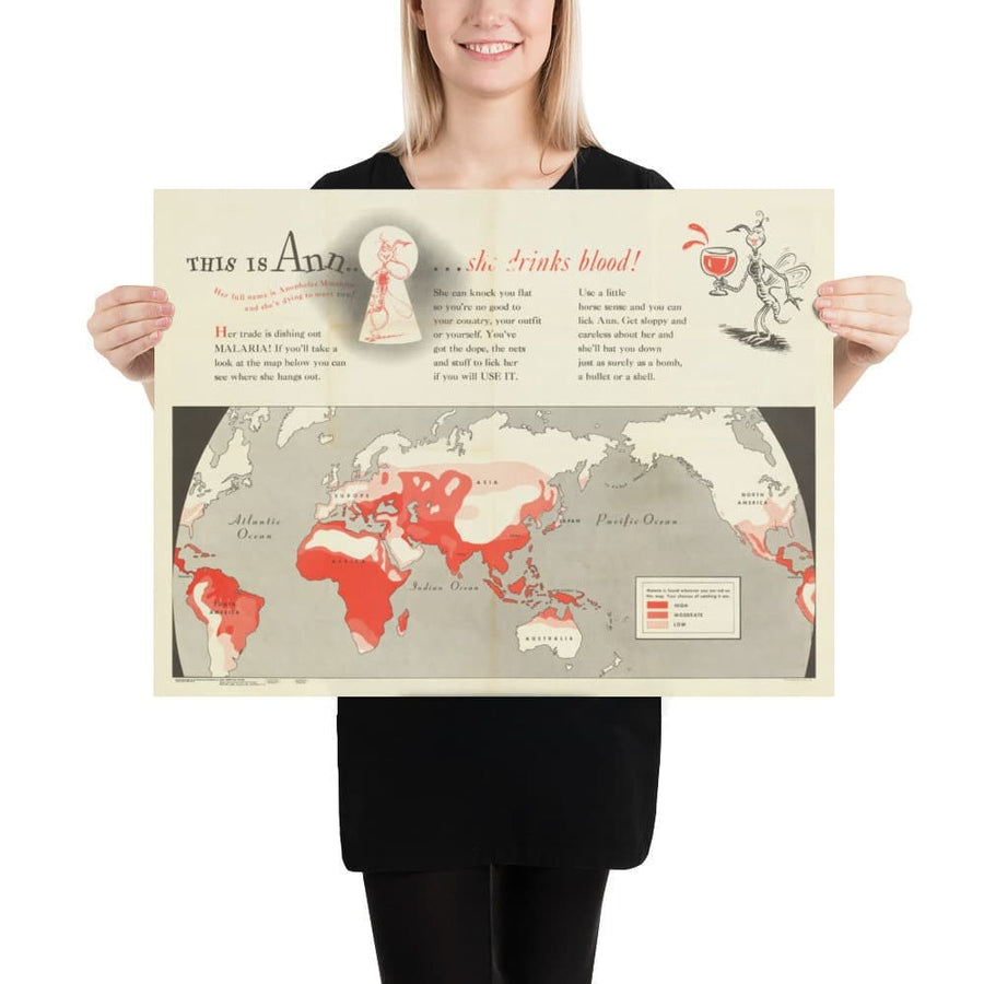 Old World Map by Dr. Seuss, 1943 - US Army Malaria Wall Chart from World War 2