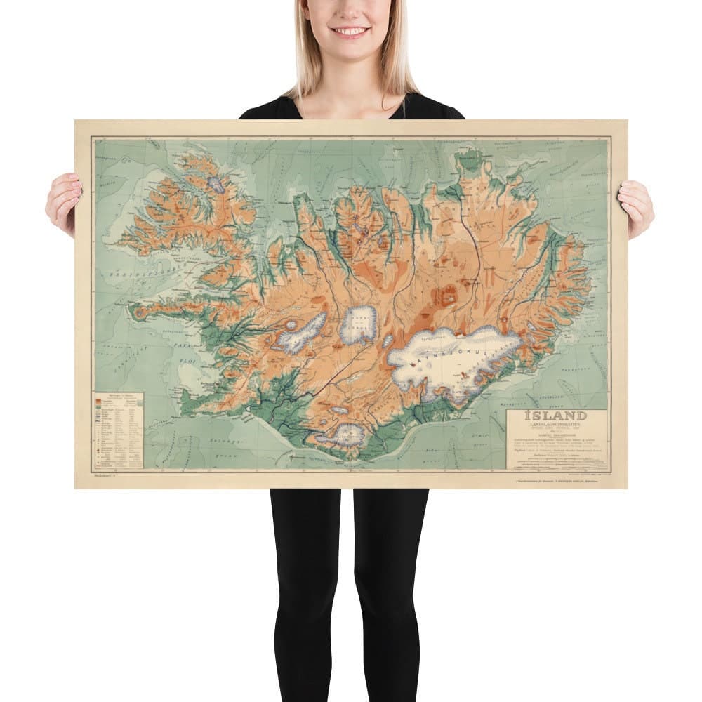 Old Map of Iceland by Samuel Eggertsson, 1928 - Reykjavik, Keflavik, Geysir, Gulfoss, Volcanoes, Glaciers