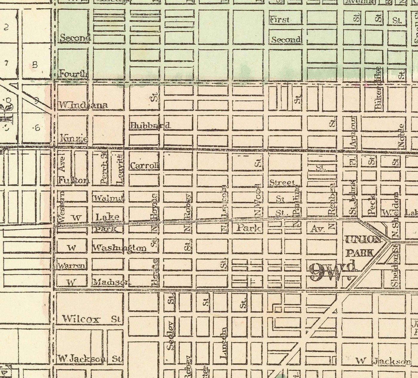 Alte Karte von Chicago nach dem Großen Brand, 1871, Gaylord Watson - Innenstadt, Lake Michigan, Fluss, Stadtteile, verbranntes Gebiet 