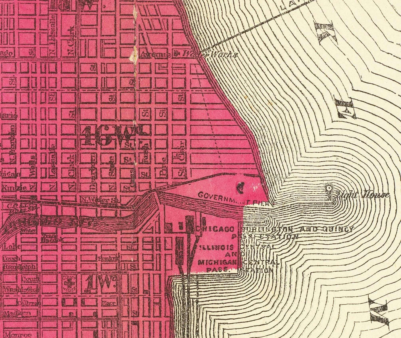 Alte Karte von Chicago nach dem Großen Brand, 1871, Gaylord Watson - Innenstadt, Lake Michigan, Fluss, Stadtteile, verbranntes Gebiet 
