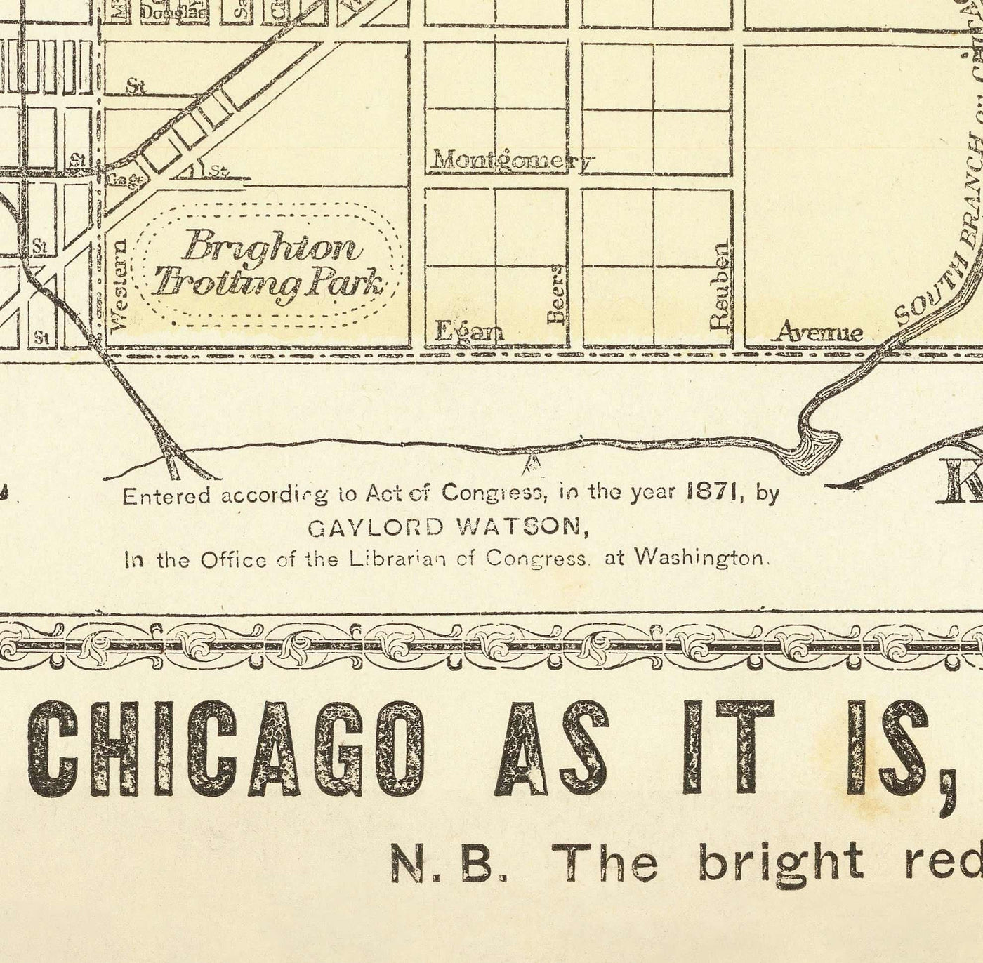 Alte Karte von Chicago nach dem Großen Brand, 1871, Gaylord Watson - Innenstadt, Lake Michigan, Fluss, Stadtteile, verbranntes Gebiet 