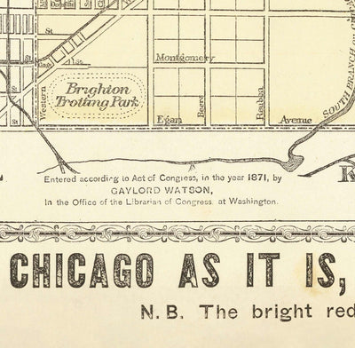 Alte Karte von Chicago nach dem Großen Brand, 1871, Gaylord Watson - Innenstadt, Lake Michigan, Fluss, Stadtteile, verbranntes Gebiet 