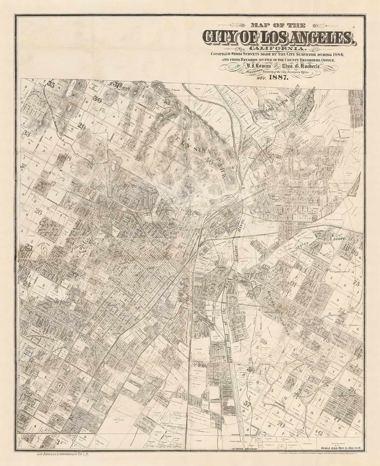 Alte Karte von Los Angeles, 1887 - Seltene Stadtkarte - Innenstadt, Chinatown, Finanzviertel, Skid Row, Modeviertel 