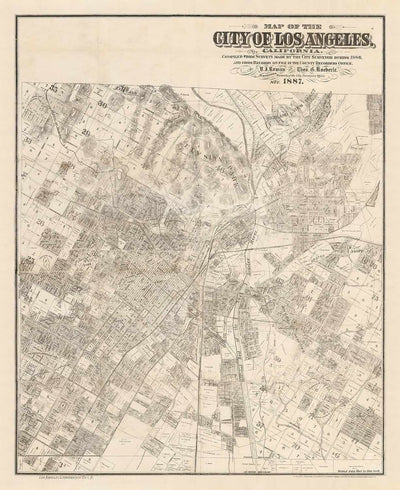 Alte Karte von Los Angeles, 1887 - Seltene Stadtkarte - Innenstadt, Chinatown, Finanzviertel, Skid Row, Modeviertel 