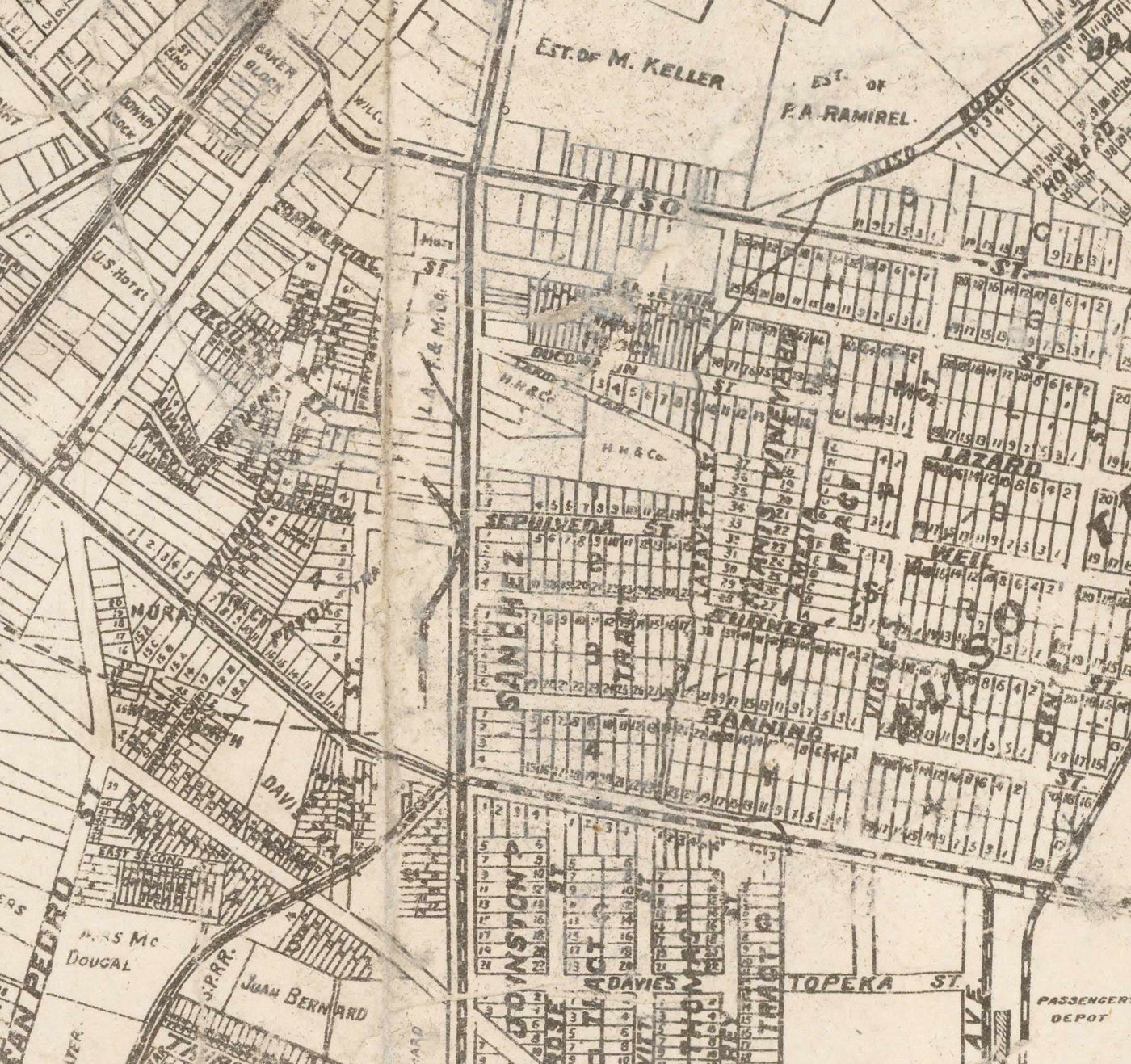 Alte Karte von Los Angeles, 1887 - Seltene Stadtkarte - Innenstadt, Chinatown, Finanzviertel, Skid Row, Modeviertel 