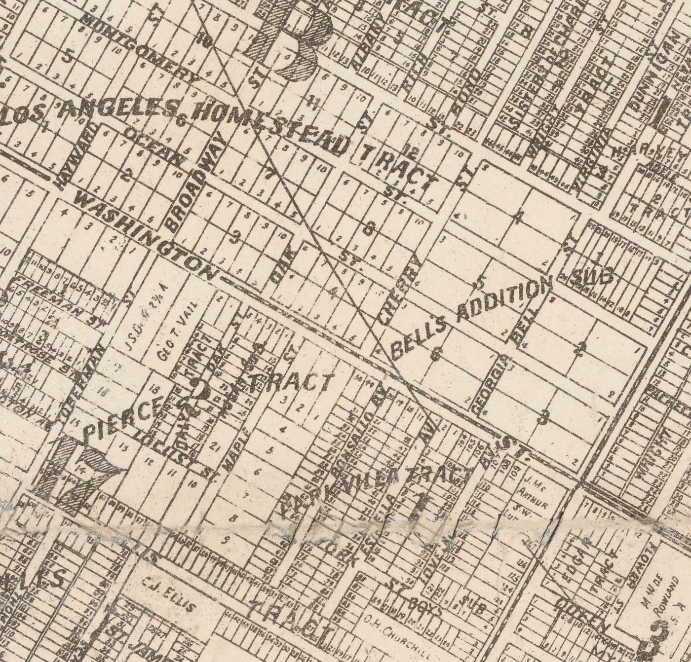Alte Karte von Los Angeles, 1887 - Seltene Stadtkarte - Innenstadt, Chinatown, Finanzviertel, Skid Row, Modeviertel 
