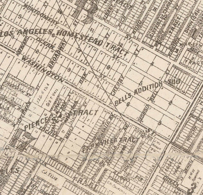 Alte Karte von Los Angeles, 1887 - Seltene Stadtkarte - Innenstadt, Chinatown, Finanzviertel, Skid Row, Modeviertel 