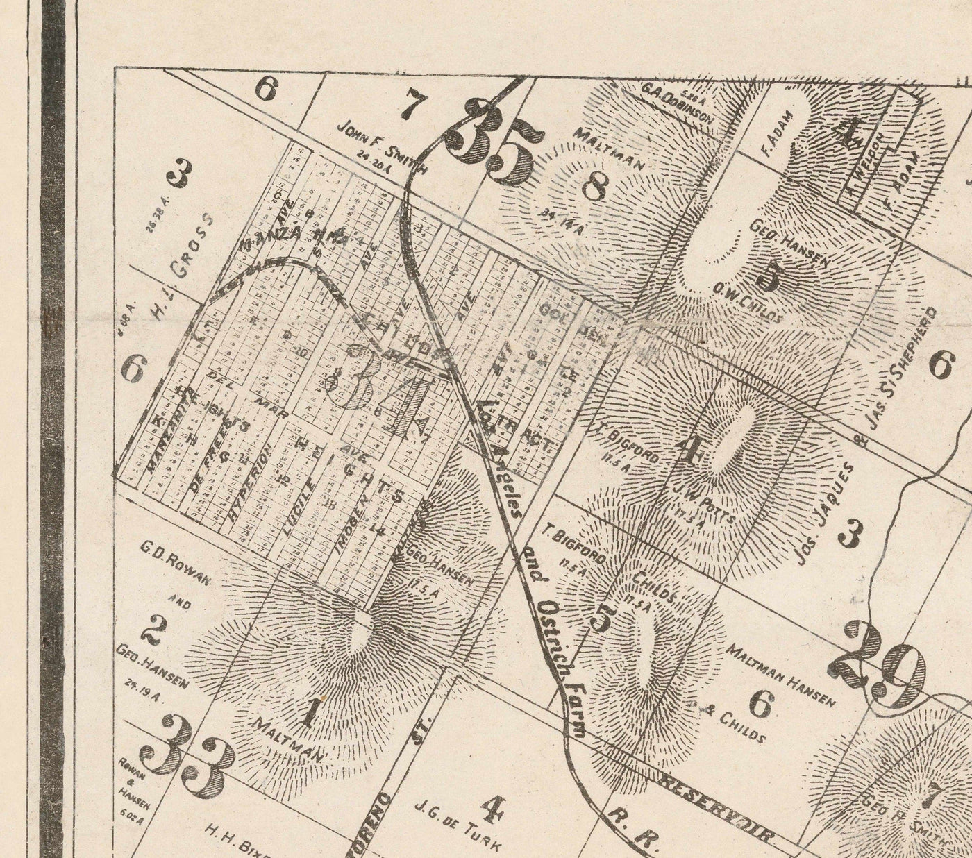 Alte Karte von Los Angeles, 1887 - Seltene Stadtkarte - Innenstadt, Chinatown, Finanzviertel, Skid Row, Modeviertel 