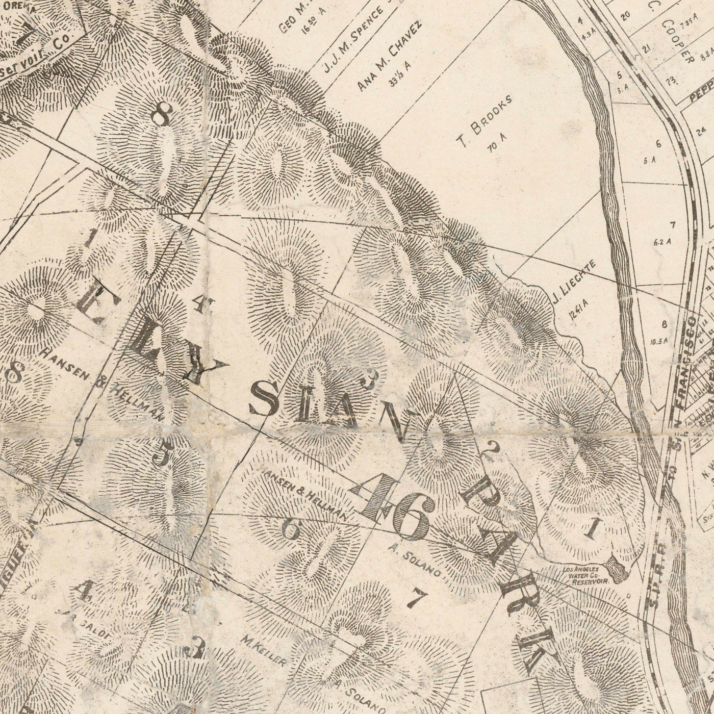 Alte Karte von Los Angeles, 1887 - Seltene Stadtkarte - Innenstadt, Chinatown, Finanzviertel, Skid Row, Modeviertel 