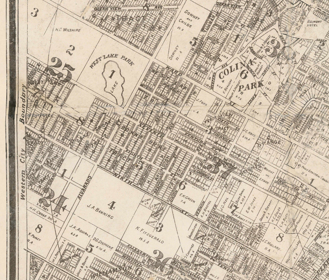 Alte Karte von Los Angeles, 1887 - Seltene Stadtkarte - Innenstadt, Chinatown, Finanzviertel, Skid Row, Modeviertel 