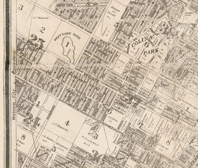 Alte Karte von Los Angeles, 1887 - Seltene Stadtkarte - Innenstadt, Chinatown, Finanzviertel, Skid Row, Modeviertel 