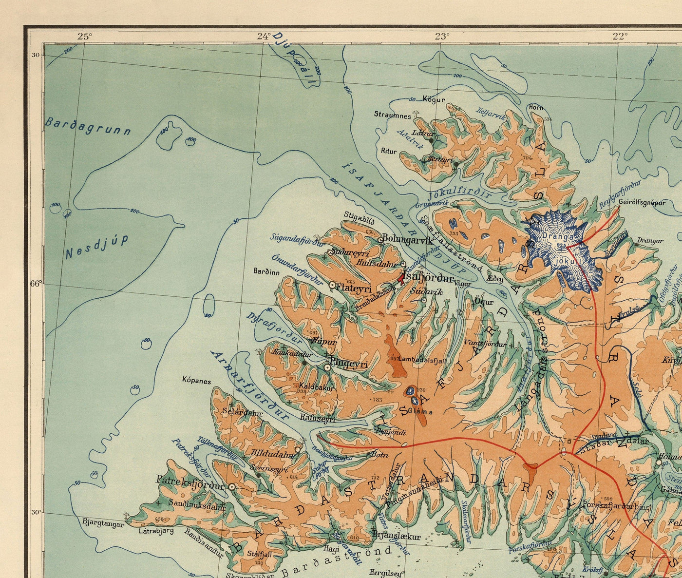 Old Map of Iceland by Samuel Eggertsson, 1928 - Reykjavik, Keflavik, Geysir, Gulfoss, Volcanoes, Glaciers