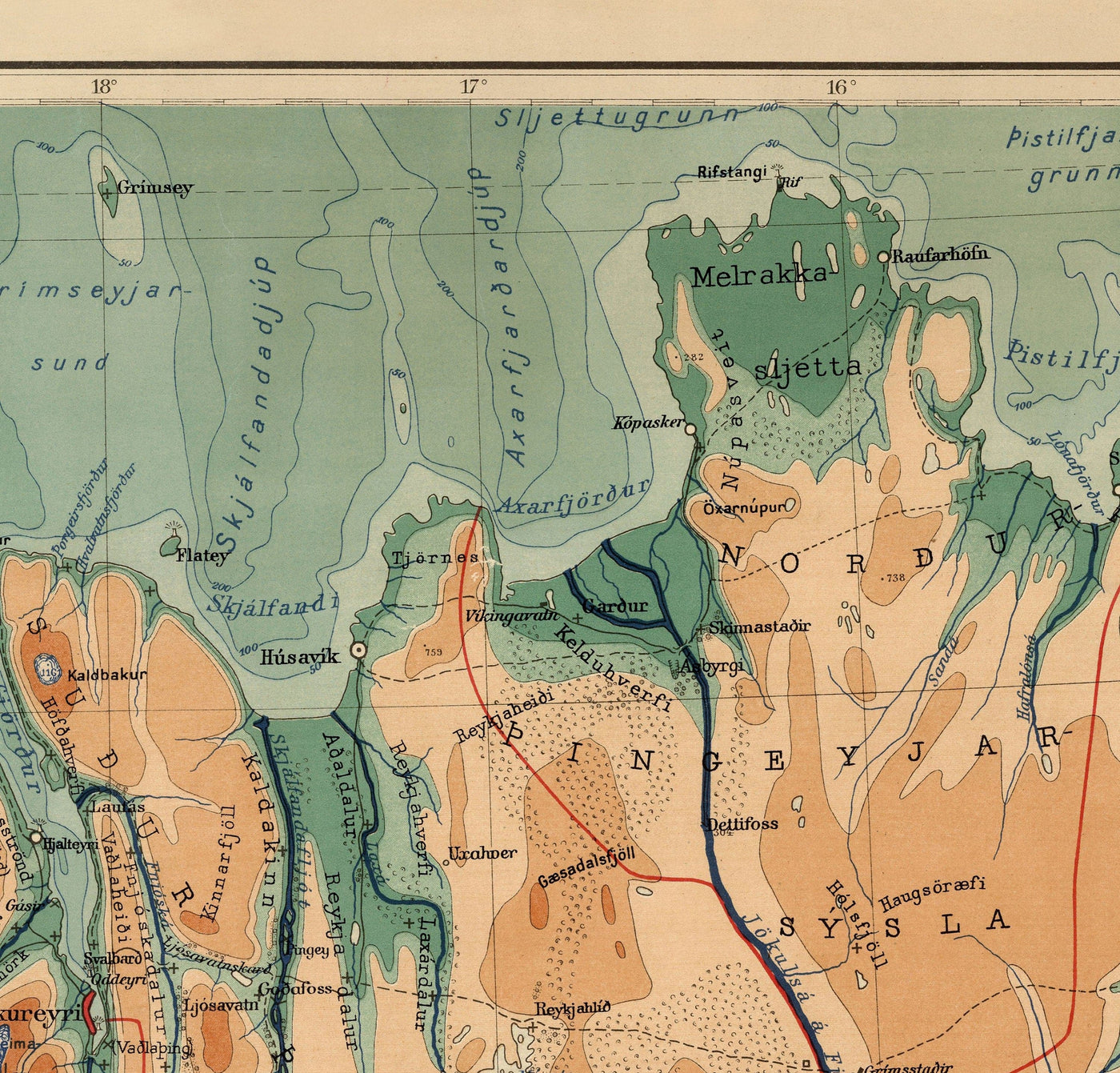 Old Map of Iceland by Samuel Eggertsson, 1928 - Reykjavik, Keflavik, Geysir, Gulfoss, Volcanoes, Glaciers