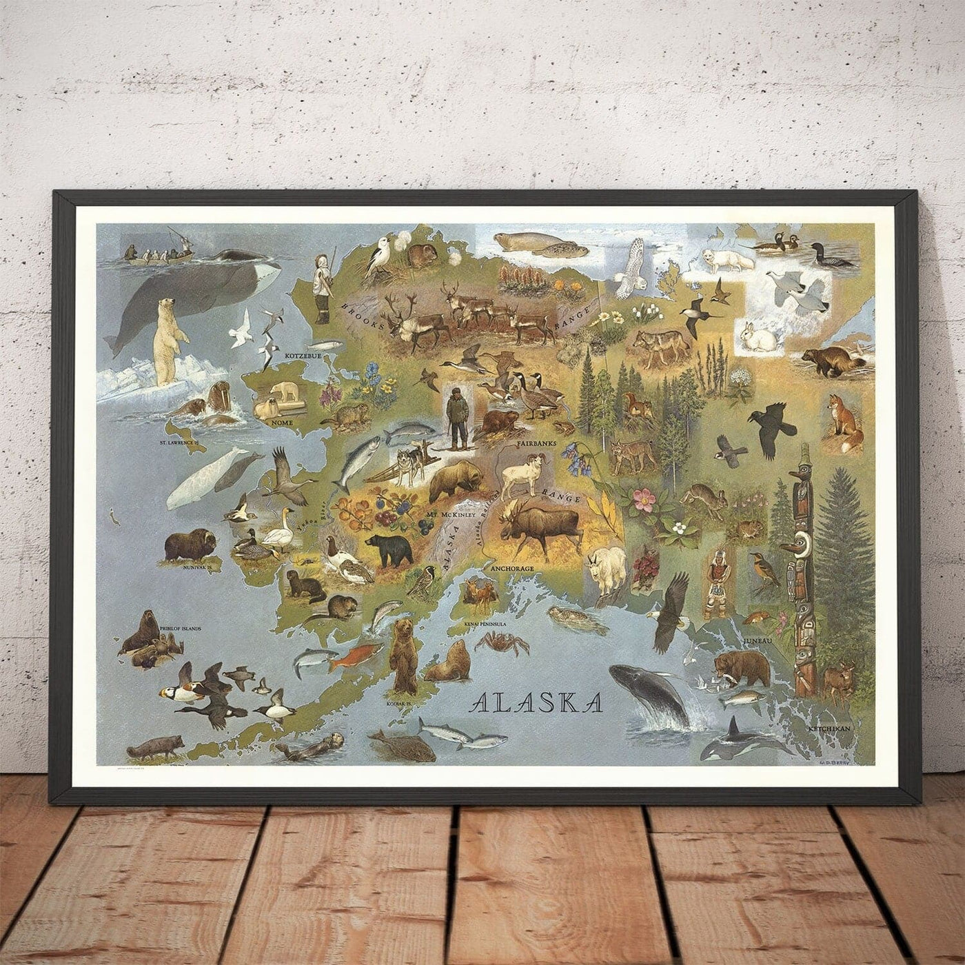Mapa antiguo de Alaska por WD Berry, 1967 - Eskimos, Inuits & Animals - Anchorage, Yukon, Denali / McKinley