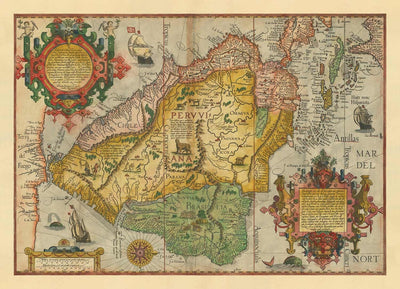 Mapa antiguo de Sudamérica por Linschoten, 1596 - Brasil, Perú, Chile, Caribe, Florida, español y colonias portuguesas