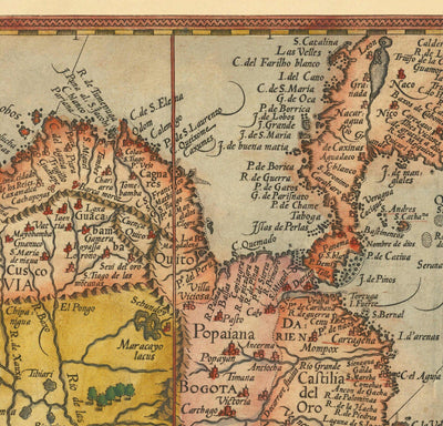 Mapa antiguo de Sudamérica por Linschoten, 1596 - Brasil, Perú, Chile, Caribe, Florida, español y colonias portuguesas