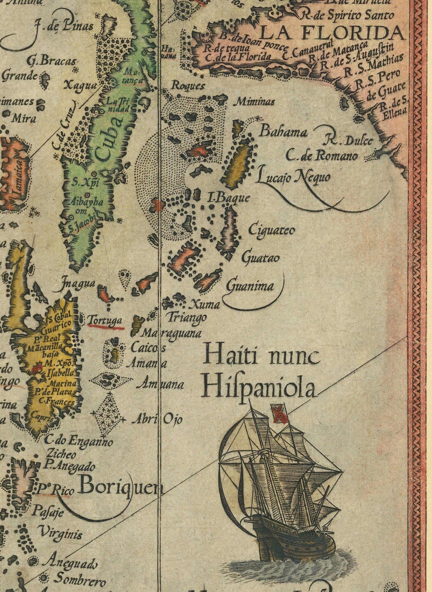 Mapa antiguo de Sudamérica por Linschoten, 1596 - Brasil, Perú, Chile, Caribe, Florida, español y colonias portuguesas