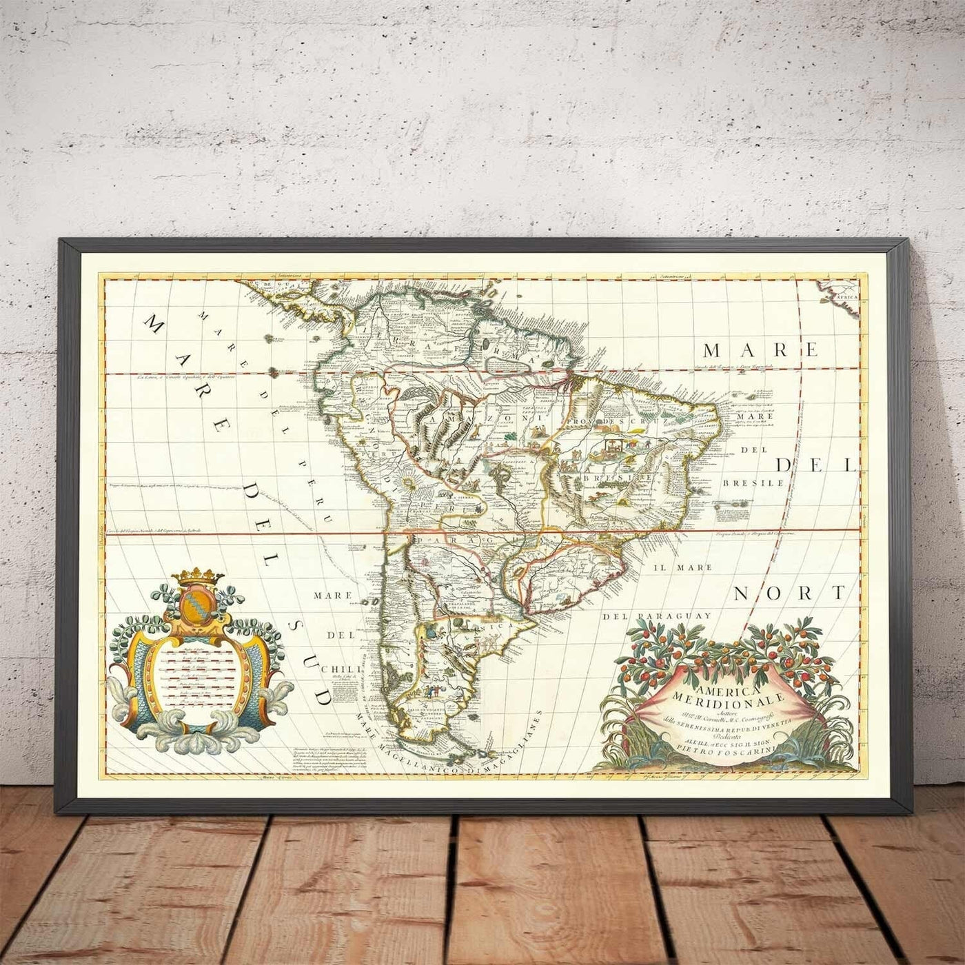 Old Map of South America by Coronelli 1690 - Brazil, Spanish Colonies, Peru, Paraguay, Venezuela, Magellanica, Amazon
