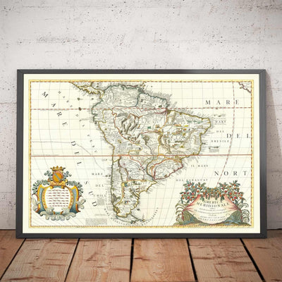 Old Map of South America by Coronelli 1690 - Brazil, Spanish Colonies, Peru, Paraguay, Venezuela, Magellanica, Amazon
