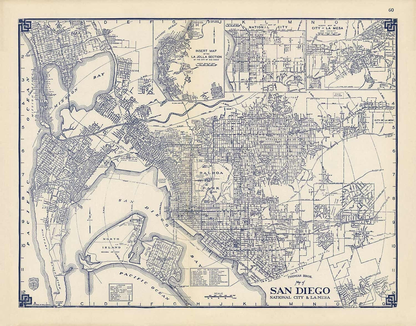 Viejo mapa de San Diego, 1938 por Thomas Bros - Ciudad Nacional, La Jolla, La Mesa, Downtown, Balboa Park & ​​Zoo, Isla Norte