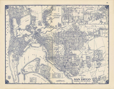 Viejo mapa de San Diego, 1938 por Thomas Bros - Ciudad Nacional, La Jolla, La Mesa, Downtown, Balboa Park & ​​Zoo, Isla Norte