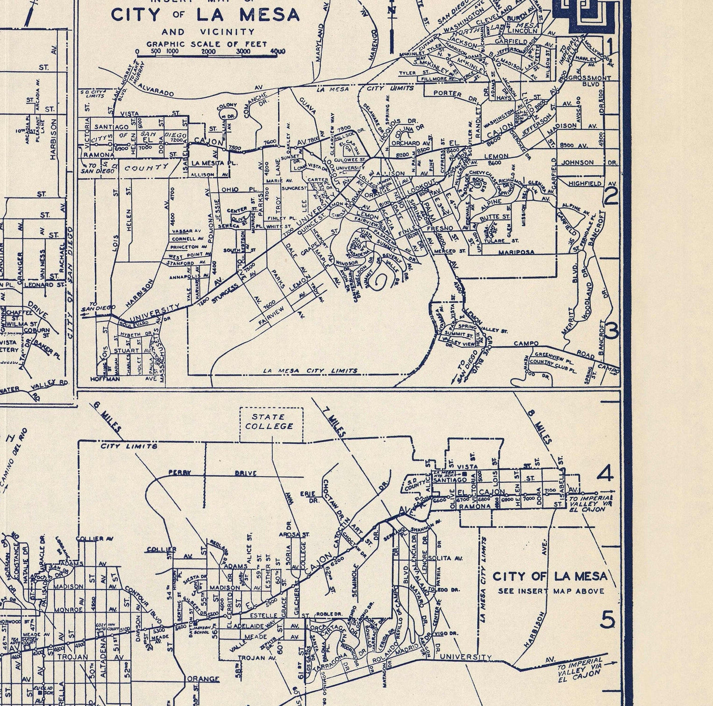 Viejo mapa de San Diego, 1938 por Thomas Bros - Ciudad Nacional, La Jolla, La Mesa, Downtown, Balboa Park & ​​Zoo, Isla Norte