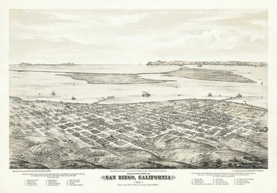 Seltene alte Karte von San Diego von Eli Sheldon Glover, 1876 - Vogelperspektive, Innenstadt, Altstadt, East Village, Cortez Hill 
