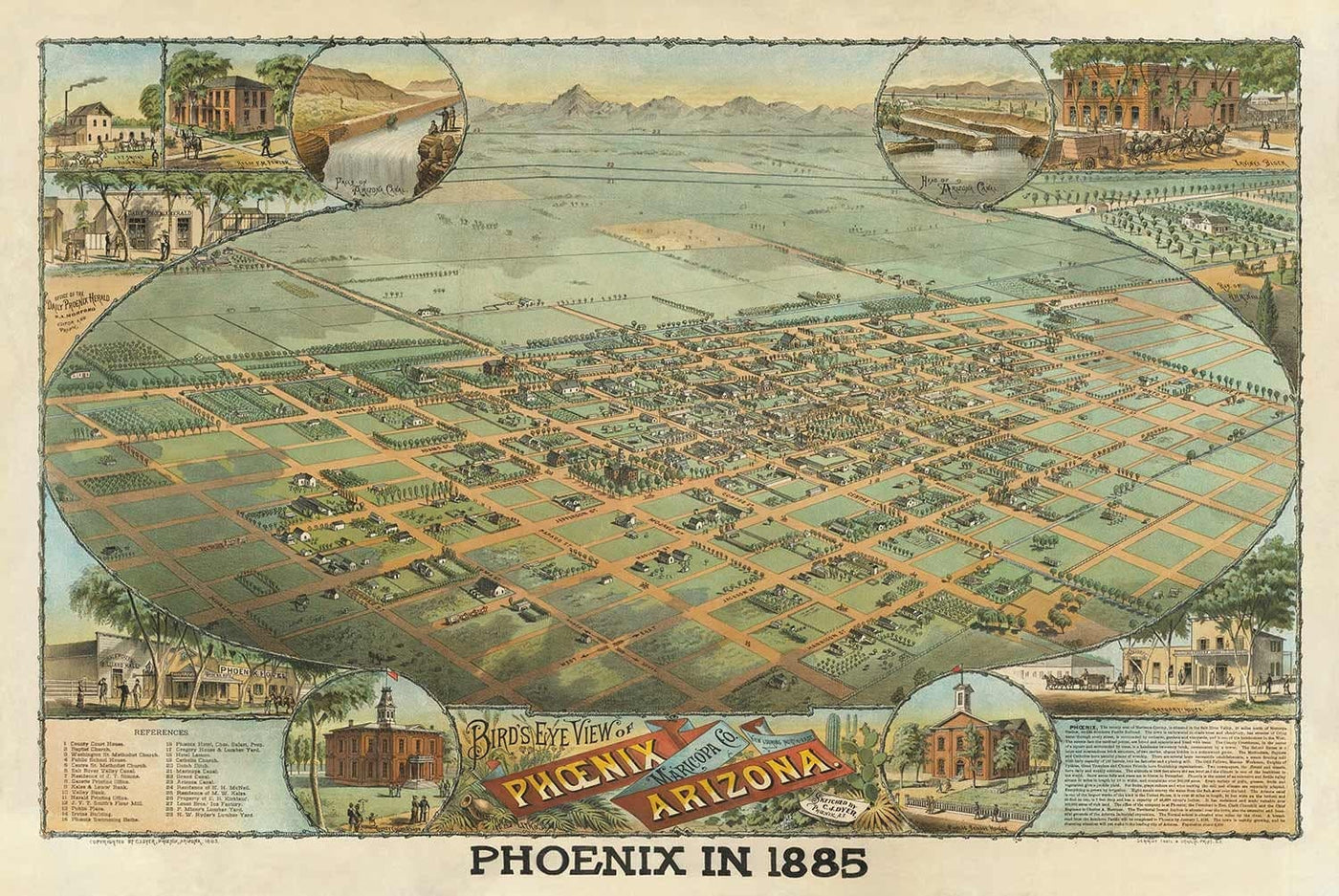 Mapa antiguo raro de Phoenix, Arizona por CJ Dyer, 1885 - Masterpiece Birdseye Vista del centro de la ciudad