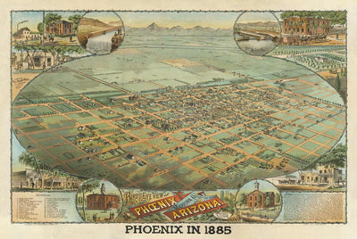 Mapa antiguo raro de Phoenix, Arizona por CJ Dyer, 1885 - Masterpiece Birdseye Vista del centro de la ciudad