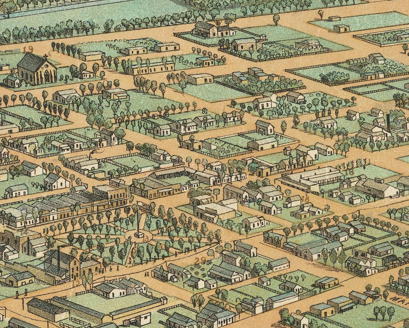 Mapa antiguo raro de Phoenix, Arizona por CJ Dyer, 1885 - Masterpiece Birdseye Vista del centro de la ciudad