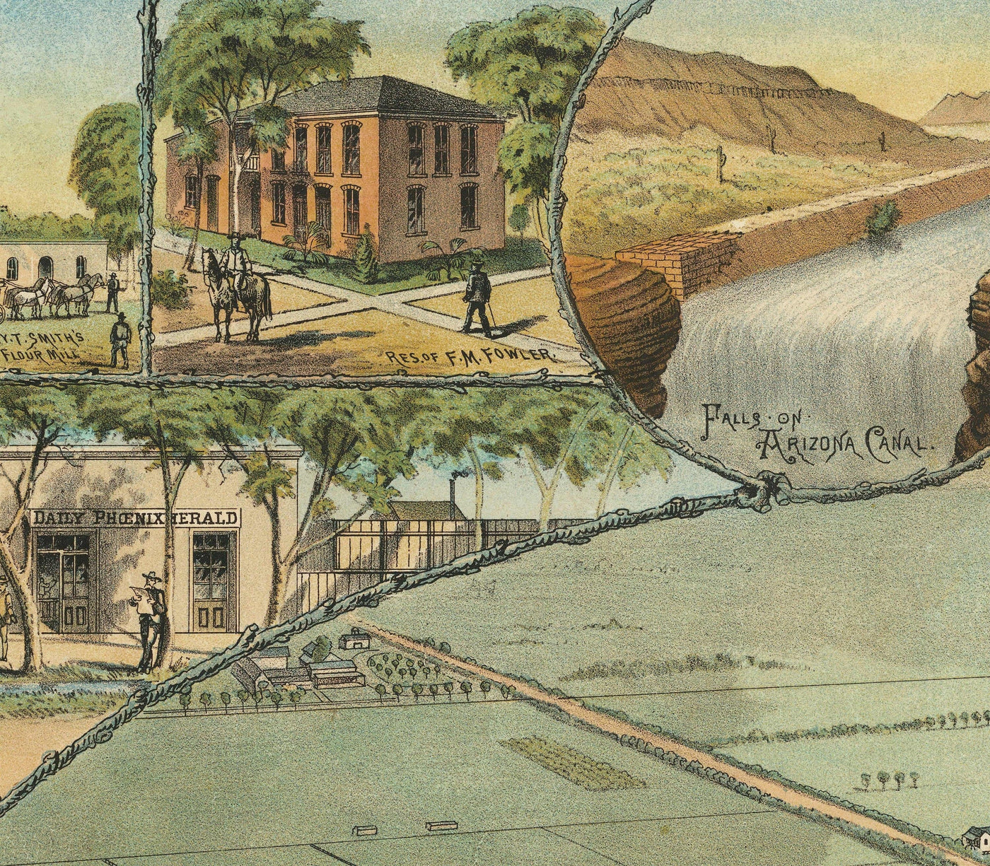 Mapa antiguo raro de Phoenix, Arizona por CJ Dyer, 1885 - Masterpiece Birdseye Vista del centro de la ciudad