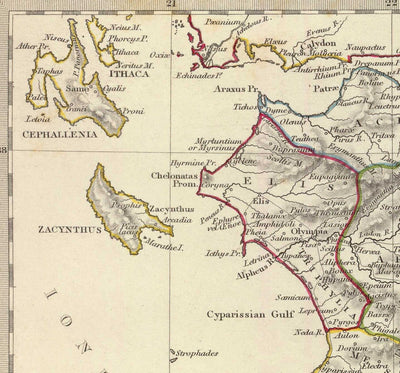 Old Map of Ancient Greece, 1829, by SDUK - Crete, Aegean, Athens, Arcadia, Attica, Cyclades, Zakynthos