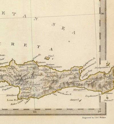 Old Map of Ancient Greece, 1829, by SDUK - Crete, Aegean, Athens, Arcadia, Attica, Cyclades, Zakynthos