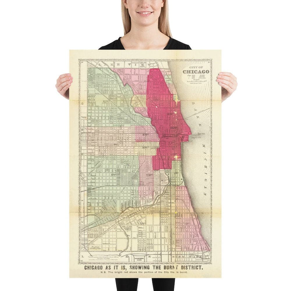 Alte Karte von Chicago nach dem Großen Brand, 1871, Gaylord Watson - Innenstadt, Lake Michigan, Fluss, Stadtteile, verbranntes Gebiet 