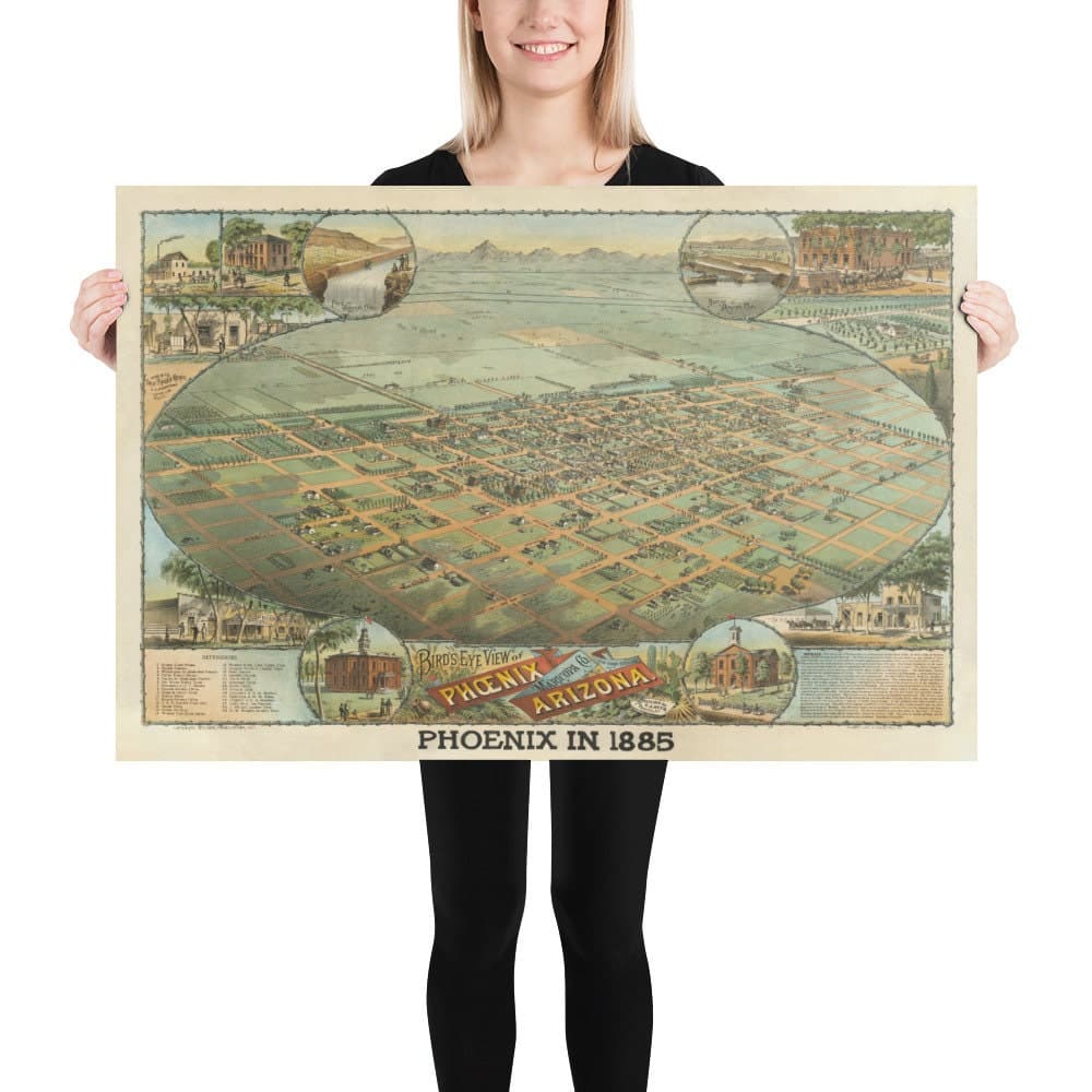 Mapa antiguo raro de Phoenix, Arizona por CJ Dyer, 1885 - Masterpiece Birdseye Vista del centro de la ciudad
