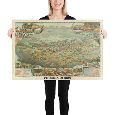 Mapa antiguo raro de Phoenix, Arizona por CJ Dyer, 1885 - Masterpiece Birdseye Vista del centro de la ciudad