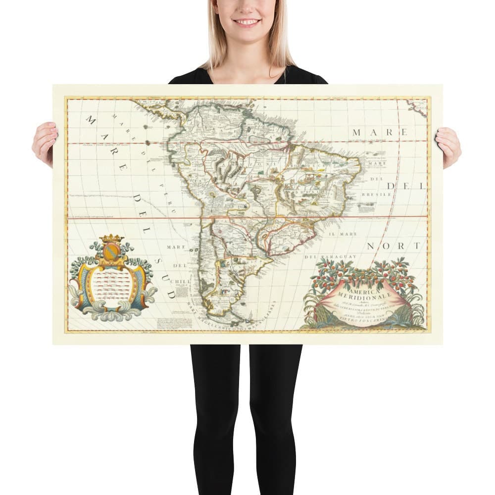 Old Map of South America by Coronelli 1690 - Brazil, Spanish Colonies, Peru, Paraguay, Venezuela, Magellanica, Amazon