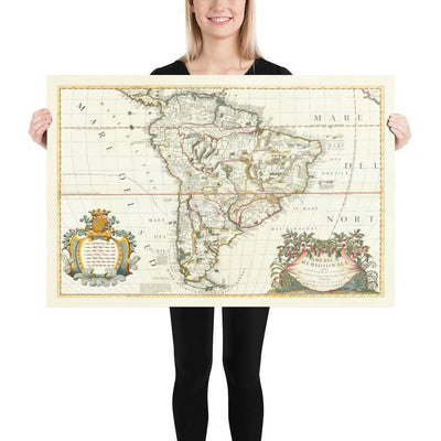 Old Map of South America by Coronelli 1690 - Brazil, Spanish Colonies, Peru, Paraguay, Venezuela, Magellanica, Amazon
