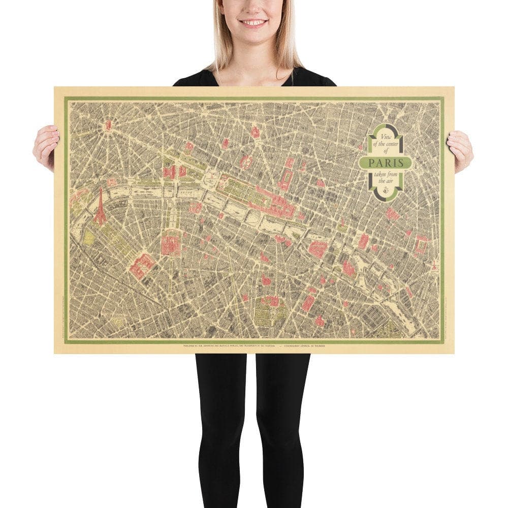 Rare Old Map of Paris, France by Georges Peltier, 1950 - Louvre, Notre Dame, Sainte-Chapelle, Eiffel Tower