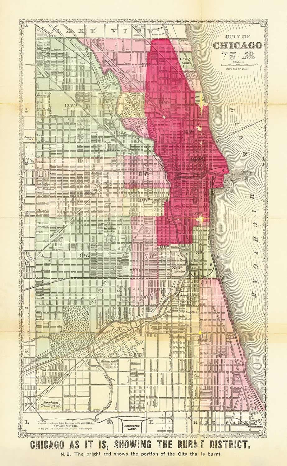 Alte Karte von Chicago nach dem Großen Brand, 1871, Gaylord Watson - Innenstadt, Lake Michigan, Fluss, Stadtteile, verbranntes Gebiet 