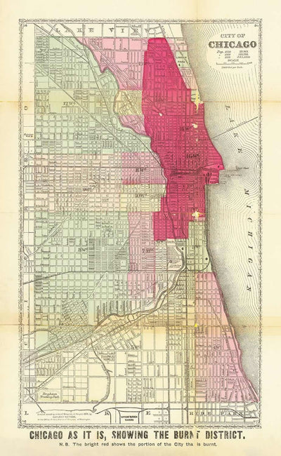 Alte Karte von Chicago nach dem Großen Brand, 1871, Gaylord Watson - Innenstadt, Lake Michigan, Fluss, Stadtteile, verbranntes Gebiet 