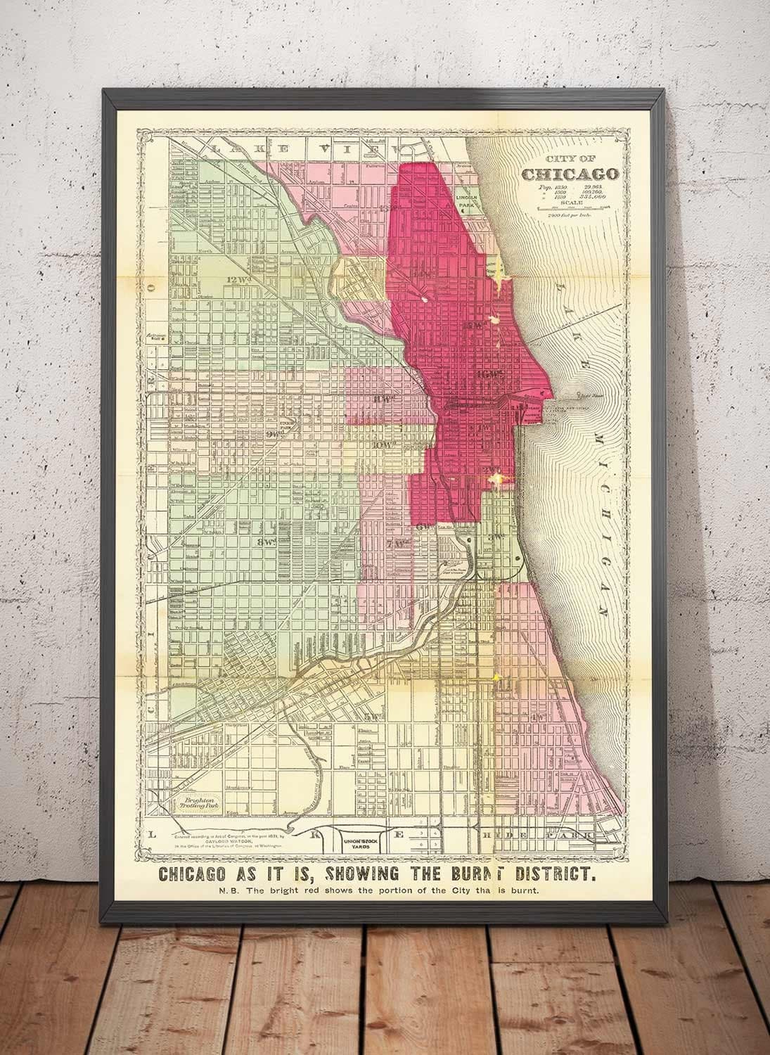 Alte Karte von Chicago nach dem Großen Brand, 1871, Gaylord Watson - Innenstadt, Lake Michigan, Fluss, Stadtteile, verbranntes Gebiet 
